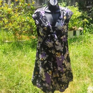 1960's Floral Cap Sleeve Empire Waist Silk  Dress